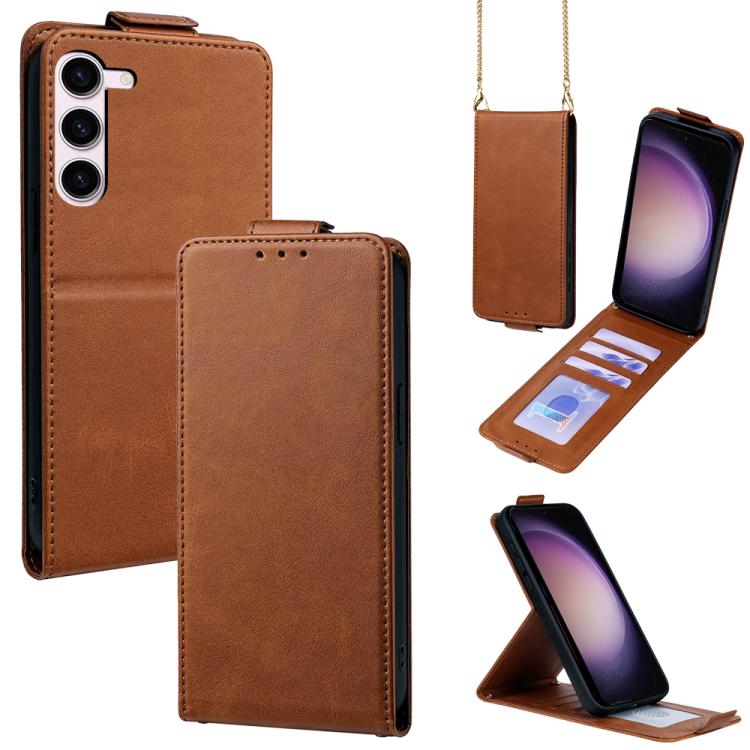 

For Samsung Galaxy S23 5G Vertical Flip Cover Solid Color Vegan Leather Phone Case with Crossbody Chain(Brown)