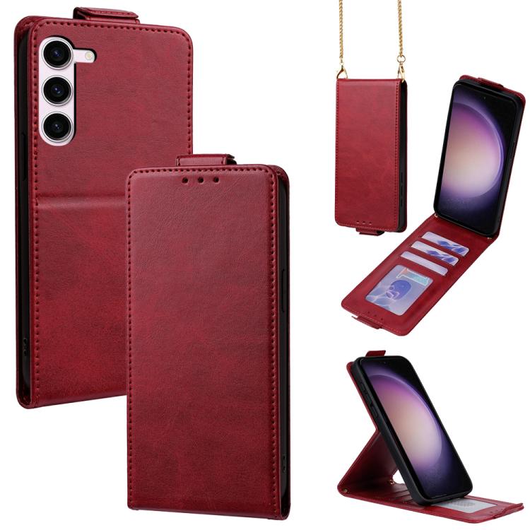 

For Samsung Galaxy S23 5G Vertical Flip Cover Solid Color Vegan Leather Phone Case with Crossbody Chain(Red)