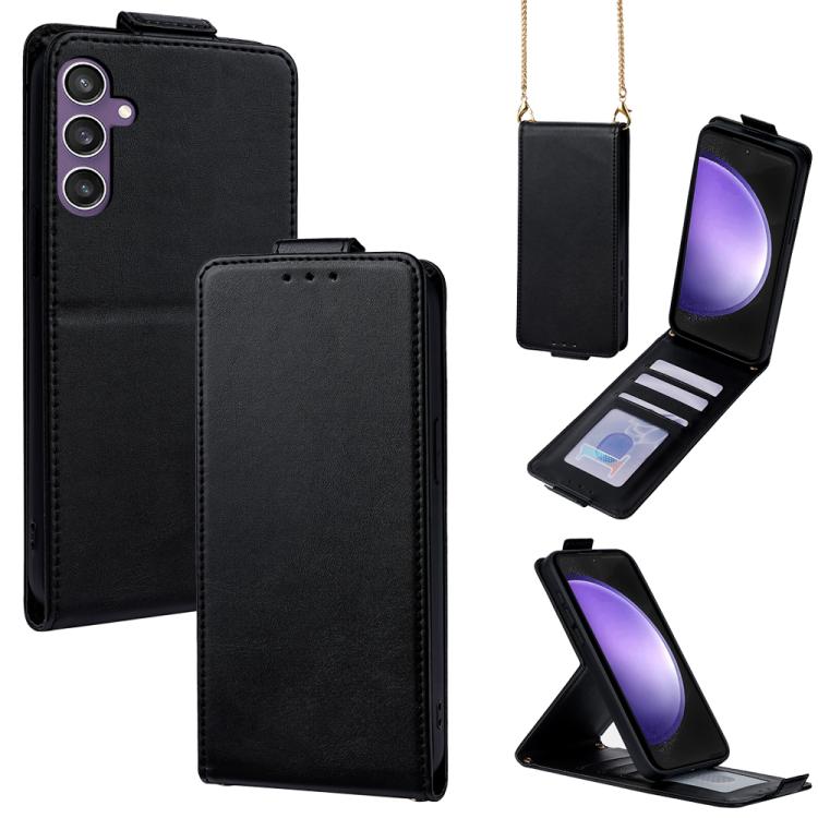 

For Samsung Galaxy S23 FE 5G Vertical Flip Cover Solid Color Vegan Leather Phone Case with Crossbody Chain(Black)