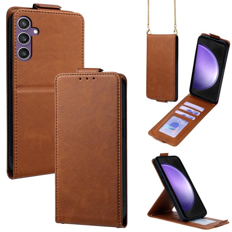 For Samsung Galaxy S23 FE 5G Vertical Flip Cover Solid Color Vegan Leather Phone Case with Crossbody Chain(Brown)