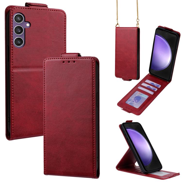 

For Samsung Galaxy S23 FE 5G Vertical Flip Cover Solid Color Vegan Leather Phone Case with Crossbody Chain(Red)