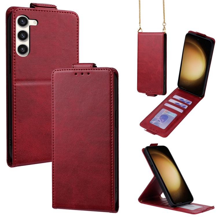 

For Samsung Galaxy S23+ 5G Vertical Flip Cover Solid Color Vegan Leather Phone Case with Crossbody Chain(Red)