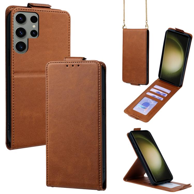 For Samsung Galaxy S23 Ultra 5G Vertical Flip Cover Solid Color Vegan Leather Phone Case with Crossbody Chain(Brown)