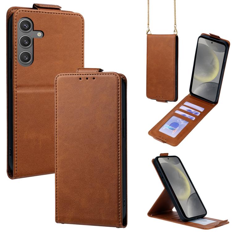 

For Samsung Galaxy S24 5G Vertical Flip Cover Solid Color Vegan Leather Phone Case with Crossbody Chain(Brown)