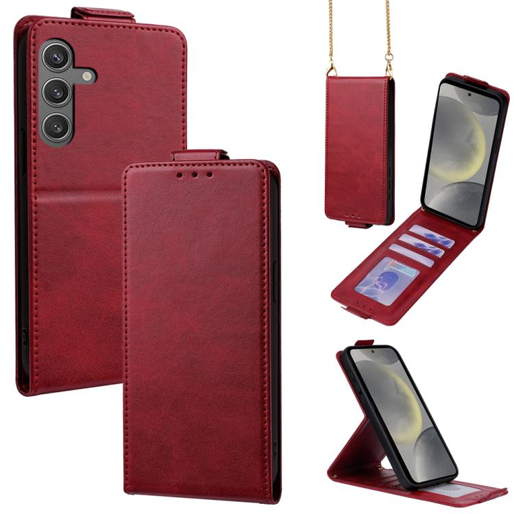 For Samsung Galaxy S24 5G Vertical Flip Cover Solid Color Vegan Leather Phone Case with Crossbody Chain(Red) — купить у Sunsky-online WW