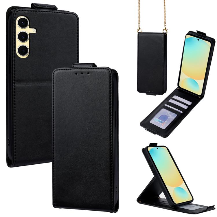 

For Samsung Galaxy S24 FE 5G Vertical Flip Cover Solid Color Vegan Leather Phone Case with Crossbody Chain(Black)