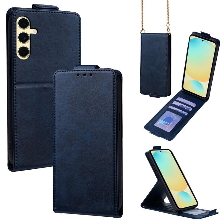 

For Samsung Galaxy S24 FE 5G Vertical Flip Cover Solid Color Vegan Leather Phone Case with Crossbody Chain(Blue)