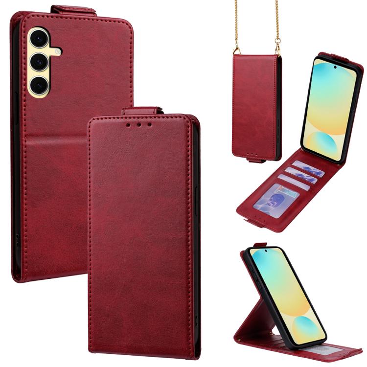 For Samsung Galaxy S24 FE 5G Vertical Flip Cover Solid Color Vegan Leather Phone Case with Crossbody Chain(Red)
