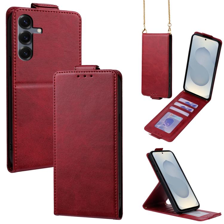 

For Samsung Galaxy S25 5G Vertical Flip Cover Solid Color Vegan Leather Phone Case with Crossbody Chain(Red)