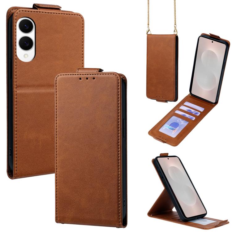 

For Samsung Galaxy S25 Edge 5G Vertical Flip Cover Solid Color Vegan Leather Phone Case with Crossbody Chain(Brown)