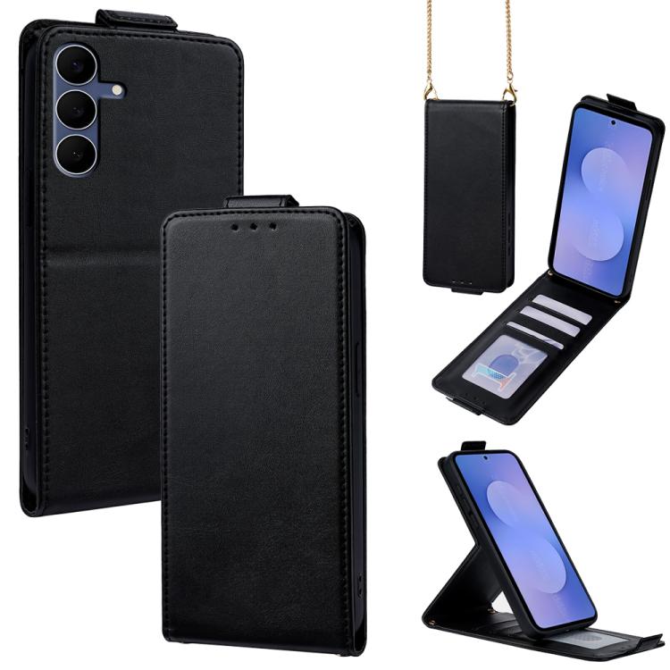 

For Samsung Galaxy S25 FE 5G Vertical Flip Cover Solid Color Vegan Leather Phone Case with Crossbody Chain(Black)