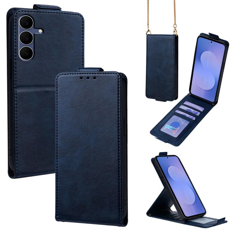 

For Samsung Galaxy S25 FE 5G Vertical Flip Cover Solid Color Vegan Leather Phone Case with Crossbody Chain(Blue)