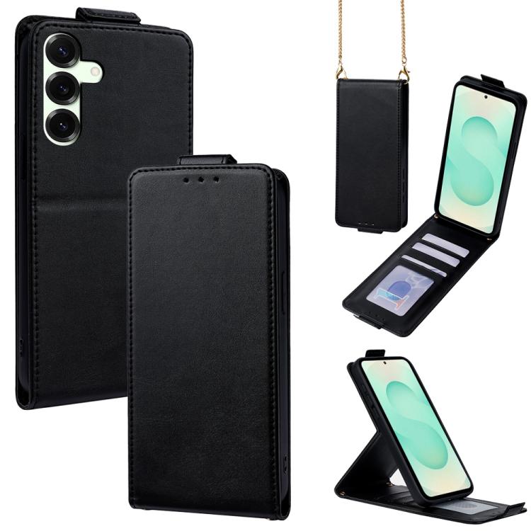 

For Samsung Galaxy S25+ 5G Vertical Flip Cover Solid Color Vegan Leather Phone Case with Crossbody Chain(Black)