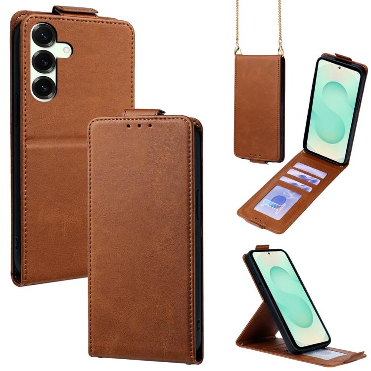 

For Samsung Galaxy S25+ 5G Vertical Flip Cover Solid Color Vegan Leather Phone Case with Crossbody Chain(Brown)