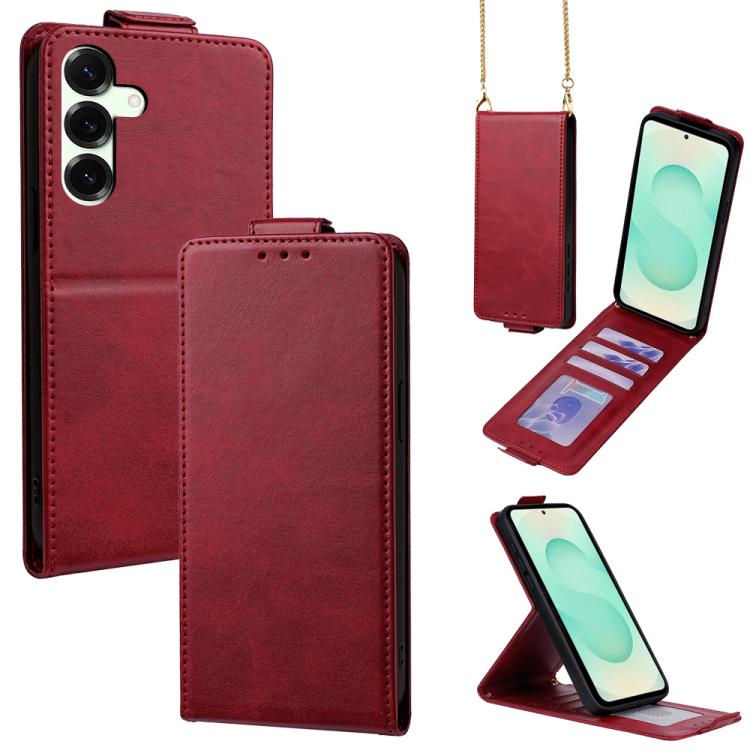 For Samsung Galaxy S25+ 5G Vertical Flip Cover Solid Color Vegan Leather Phone Case with Crossbody Chain(Red)