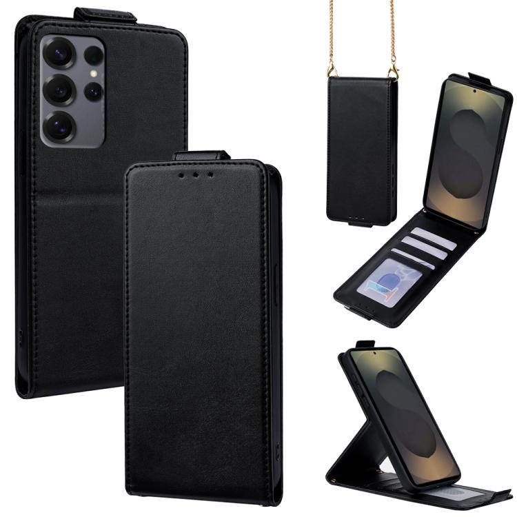 

For Samsung Galaxy S25 Ultra 5G Vertical Flip Cover Solid Color Vegan Leather Phone Case with Crossbody Chain(Black)