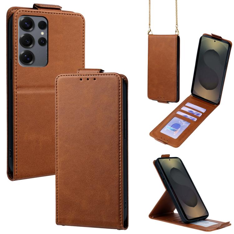 

For Samsung Galaxy S25 Ultra 5G Vertical Flip Cover Solid Color Vegan Leather Phone Case with Crossbody Chain(Brown)
