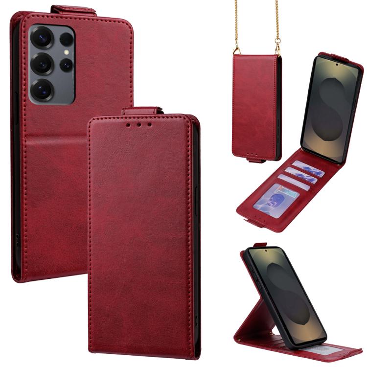 

For Samsung Galaxy S25 Ultra 5G Vertical Flip Cover Solid Color Vegan Leather Phone Case with Crossbody Chain(Red)