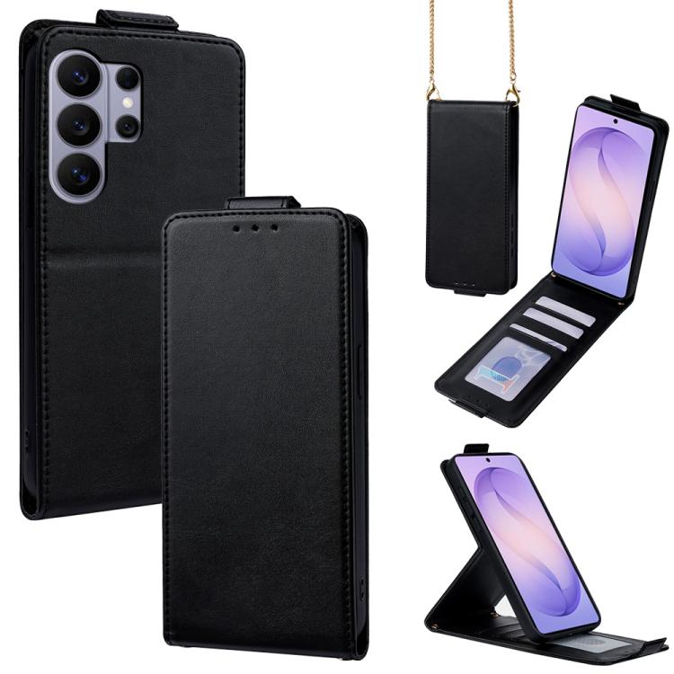 

For Galaxy S26 Ultra 5G Vertical Flip Cover Solid Color Vegan Leather Phone Case with Crossbody Chain(Black)
