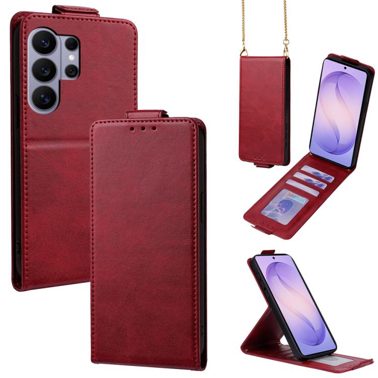 For Galaxy S26 Ultra 5G Vertical Flip Cover Solid Color Vegan Leather Phone Case with Crossbody Chain(Red)