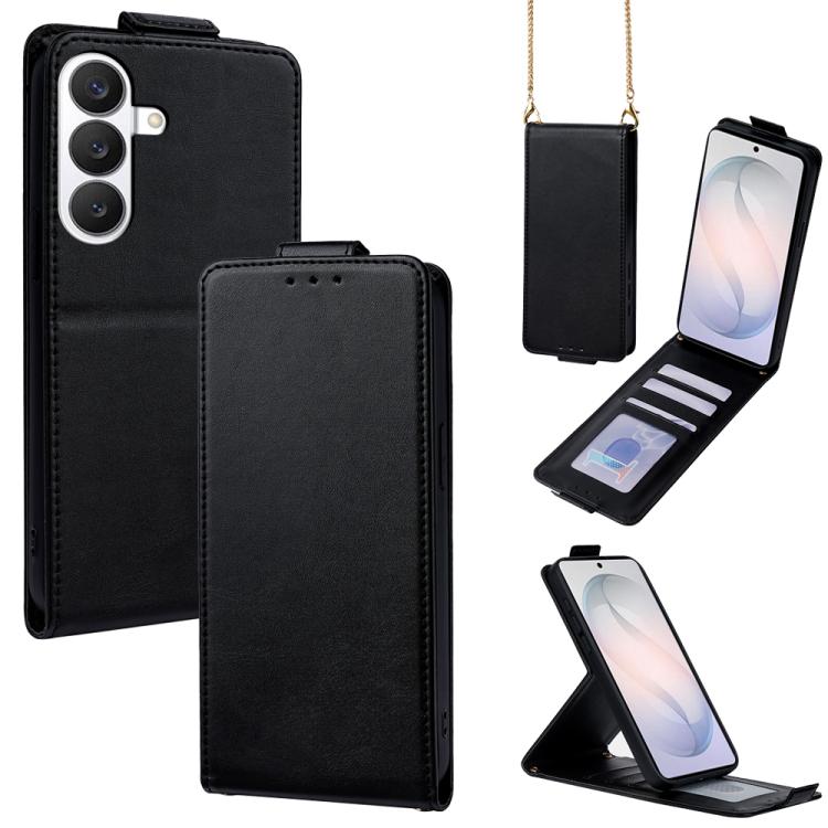 For Galaxy S26 5G Vertical Flip Cover Solid Color Vegan Leather Phone Case with Crossbody Chain(Black) — купить у Sunsky-online WW