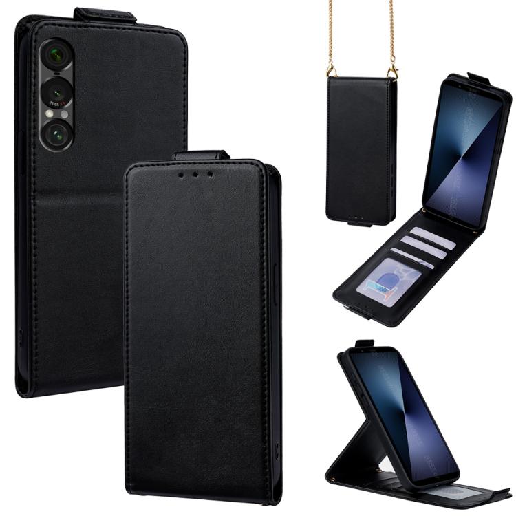 

For Sony Xperia 1 VII Vertical Flip Cover Solid Color Vegan Leather Phone Case with Crossbody Chain(Black)