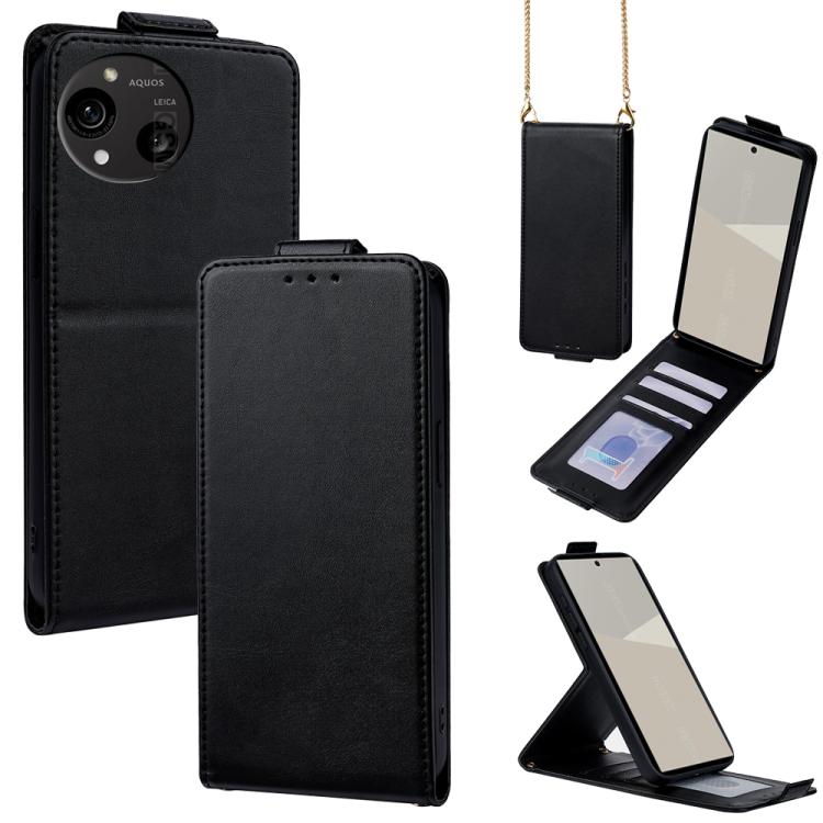 

For Sharp Aquos R10 Vertical Flip Cover Solid Color Vegan Leather Phone Case with Crossbody Chain(Black)