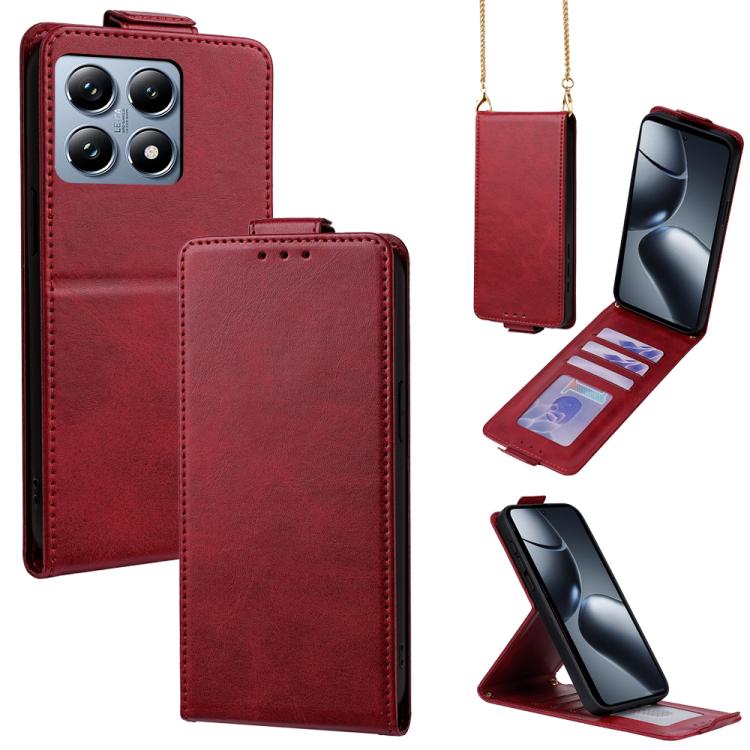 

For Xiaomi 14T Pro Vertical Flip Cover Solid Color Vegan Leather Phone Case with Crossbody Chain(Red)