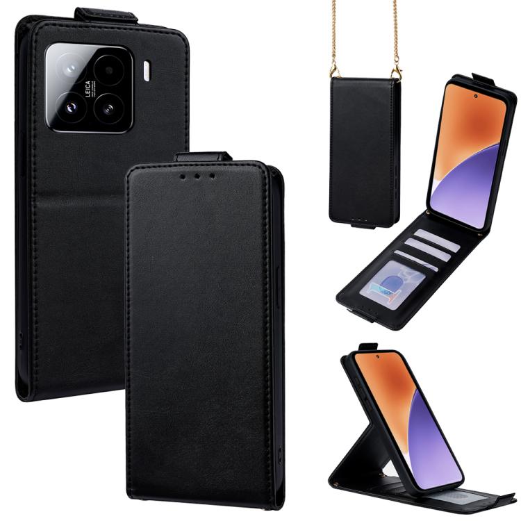 

For Xiaomi 15 Vertical Flip Cover Solid Color Vegan Leather Phone Case with Crossbody Chain(Black)