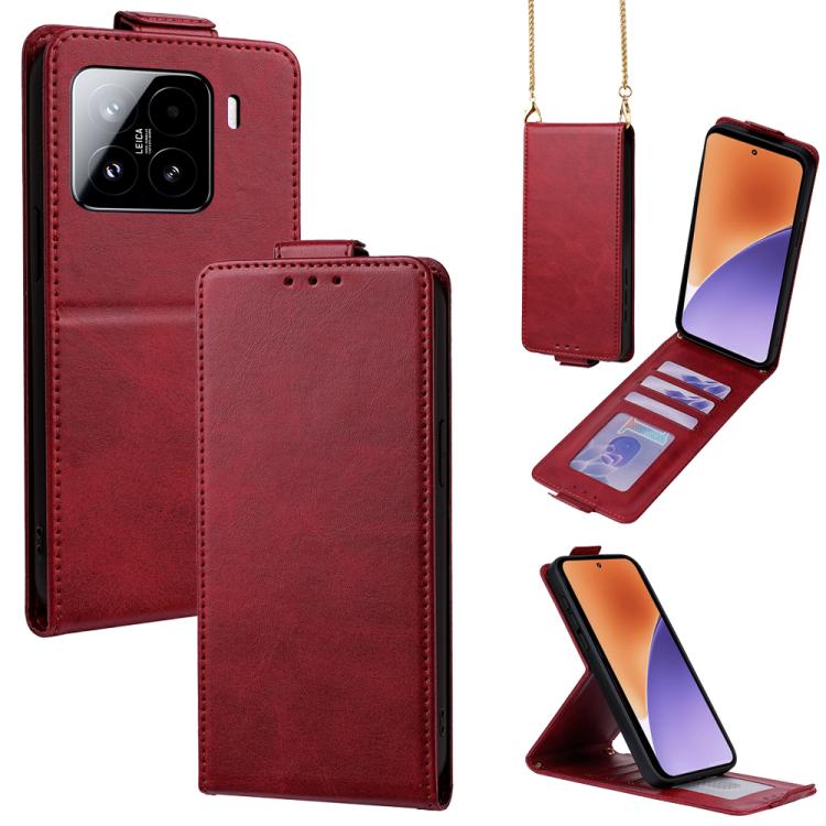 

For Xiaomi 15 Vertical Flip Cover Solid Color Vegan Leather Phone Case with Crossbody Chain(Red)