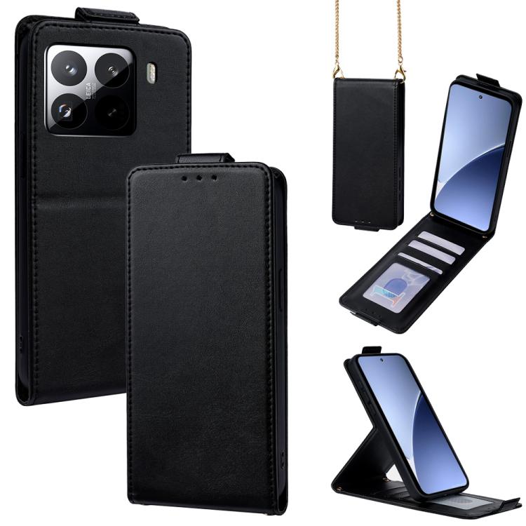

For Xiaomi 15 Pro Vertical Flip Cover Solid Color Vegan Leather Phone Case with Crossbody Chain(Black)