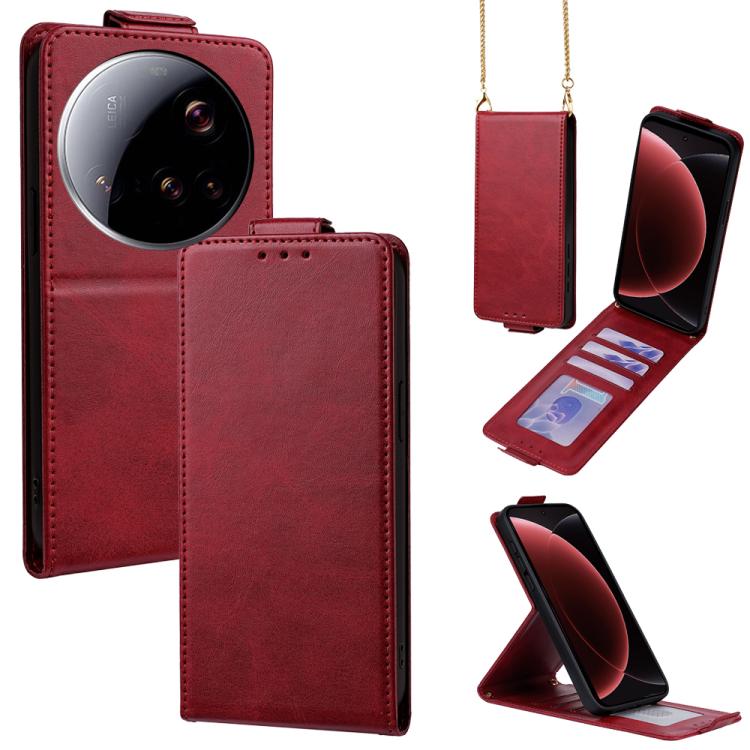 

For Xiaomi 15 Ultra Vertical Flip Cover Solid Color Vegan Leather Phone Case with Crossbody Chain(Red)