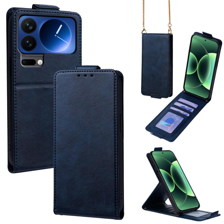 

For Xiaomi 17 Pro Vertical Flip Cover Solid Color Vegan Leather Phone Case with Crossbody Chain(Blue)