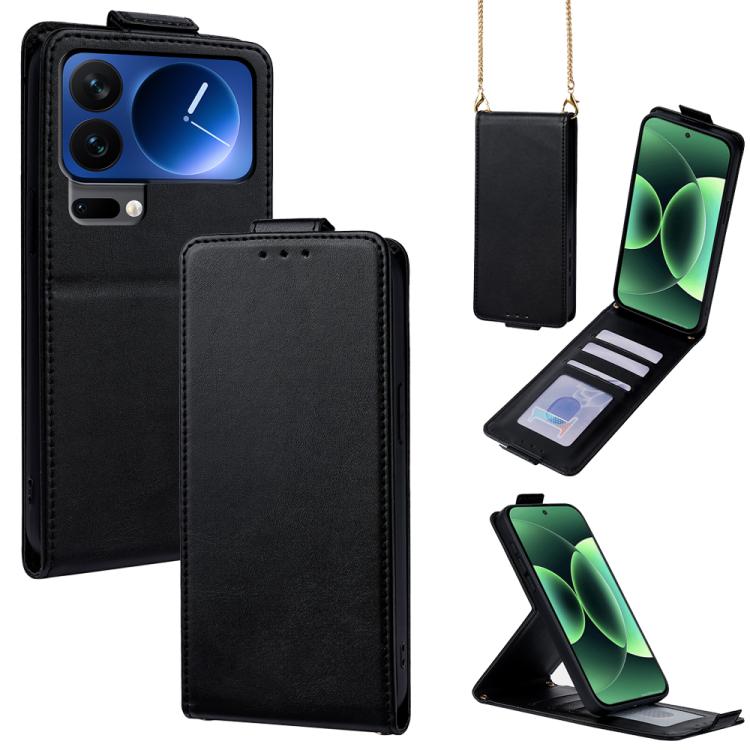 

For Xiaomi 17 Pro Max Vertical Flip Cover Solid Color Vegan Leather Phone Case with Crossbody Chain(Black)