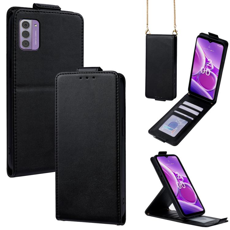 

For Nokia G42 5G / G310 Vertical Flip Cover Solid Color Vegan Leather Phone Case with Crossbody Chain(Black)