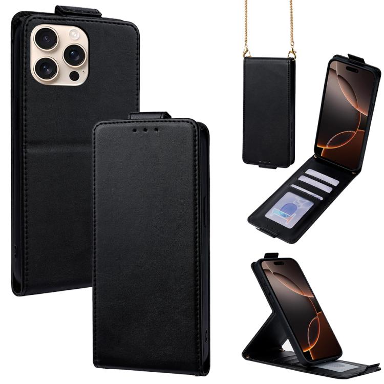 

For iPhone 16 Pro Max Vertical Flip Cover Solid Color Vegan Leather Phone Case with Crossbody Chain(Black)