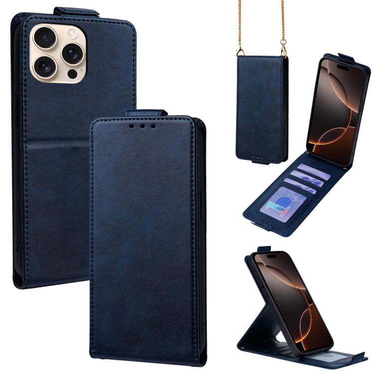 

For iPhone 16 Pro Max Vertical Flip Cover Solid Color Vegan Leather Phone Case with Crossbody Chain(Blue)