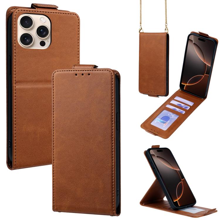 

For iPhone 16 Pro Vertical Flip Cover Solid Color Vegan Leather Phone Case with Crossbody Chain(Brown)