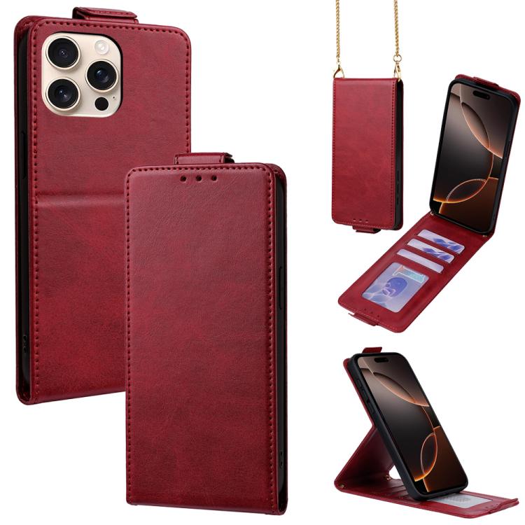 

For iPhone 16 Pro Vertical Flip Cover Solid Color Vegan Leather Phone Case with Crossbody Chain(Red)