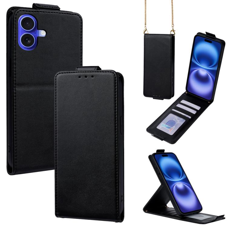 

For iPhone 16 Vertical Flip Cover Solid Color Vegan Leather Phone Case with Crossbody Chain(Black)