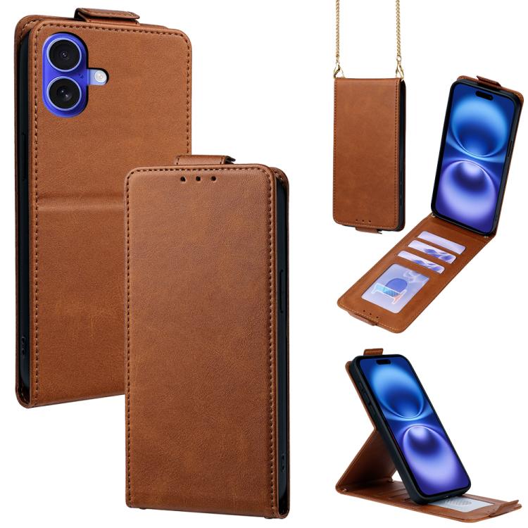 

For iPhone 16 Vertical Flip Cover Solid Color Vegan Leather Phone Case with Crossbody Chain(Brown)