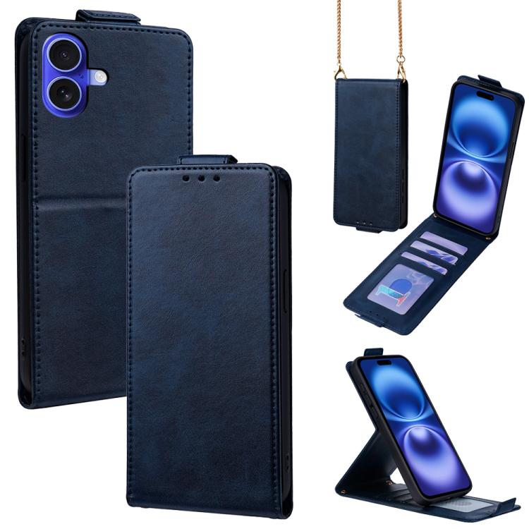 

For iPhone 16 Vertical Flip Cover Solid Color Vegan Leather Phone Case with Crossbody Chain(Blue)