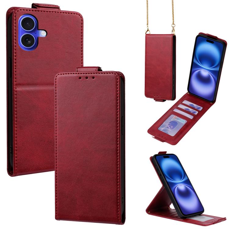 

For iPhone 16 Vertical Flip Cover Solid Color Vegan Leather Phone Case with Crossbody Chain(Red)
