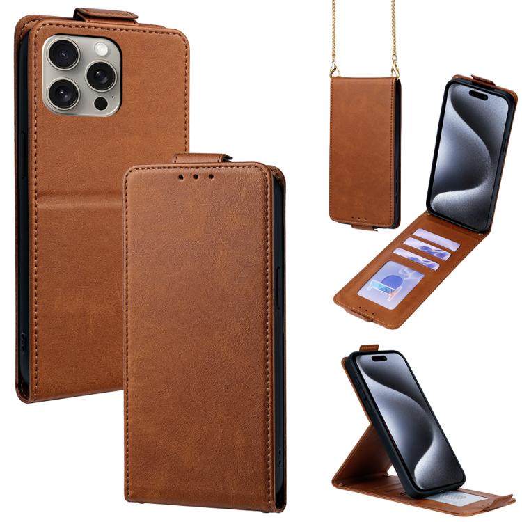

For iPhone 15 Pro Max Vertical Flip Cover Solid Color Vegan Leather Phone Case with Crossbody Chain(Brown)