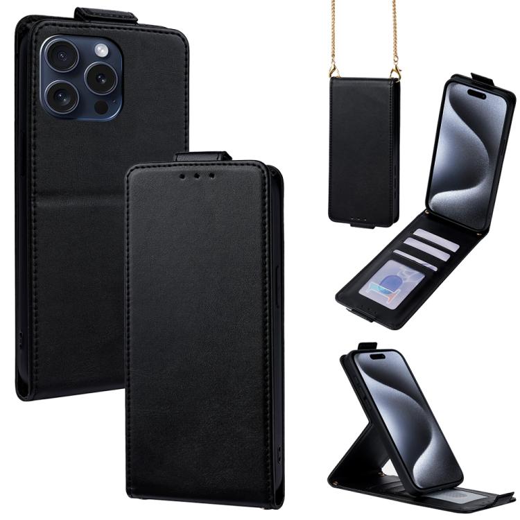 

For iPhone 15 Pro Vertical Flip Cover Solid Color Vegan Leather Phone Case with Crossbody Chain(Black)
