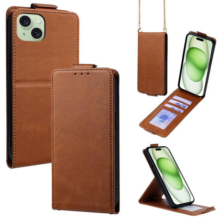 

For iPhone 15 Plus Vertical Flip Cover Solid Color Vegan Leather Phone Case with Crossbody Chain(Brown)