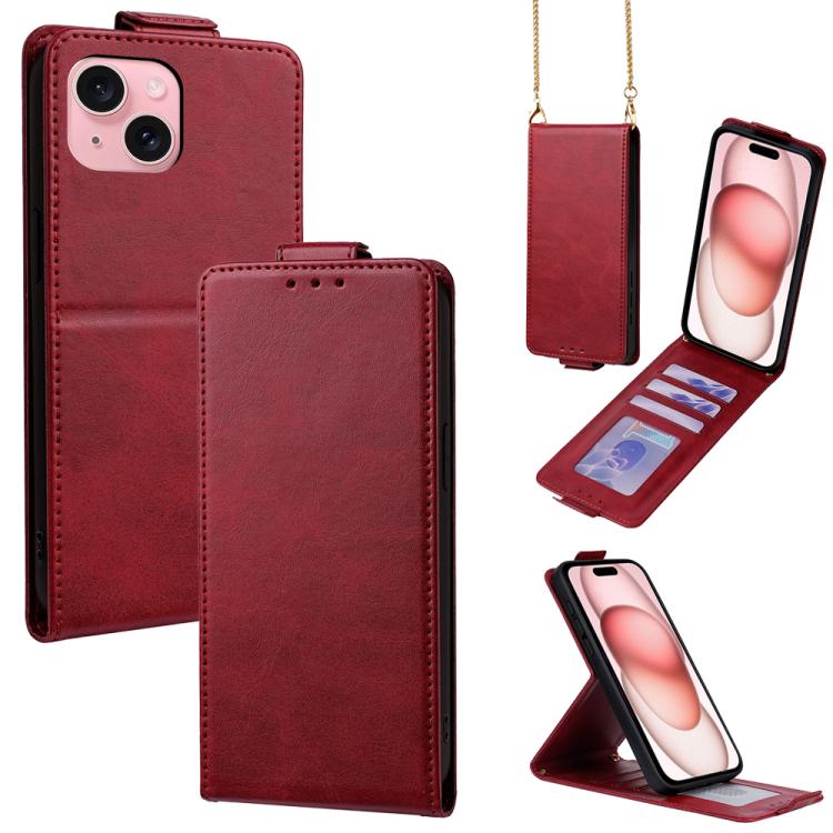 

For iPhone 15 Vertical Flip Cover Solid Color Vegan Leather Phone Case with Crossbody Chain(Red)