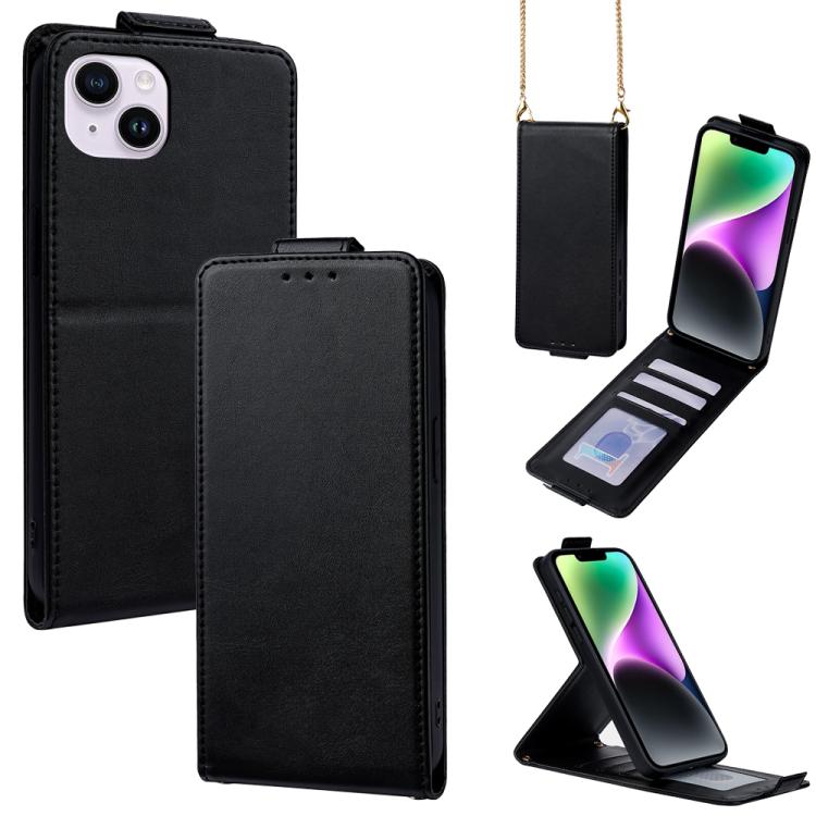 

For iPhone 14 Plus Vertical Flip Cover Solid Color Vegan Leather Phone Case with Crossbody Chain(Black)