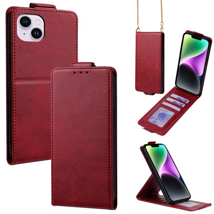 

For iPhone 14 Plus Vertical Flip Cover Solid Color Vegan Leather Phone Case with Crossbody Chain(Red)
