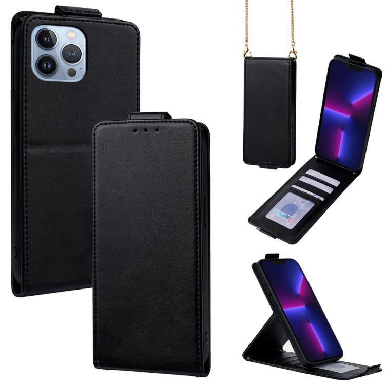 

For iPhone 13 Pro Max Vertical Flip Cover Solid Color Vegan Leather Phone Case with Crossbody Chain(Black)